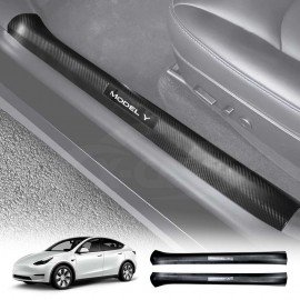Carbon Fiber Style Front Door Sill Protector for Tesla Model Y 2021-2025 Door Entry Guard