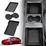 Black Soft Silicone Organizer Pad Set for Tesla Model 3 Highland 2023-Onwards Center Console Armrest Storage Cup Holder Coaster Non-Slip Mat